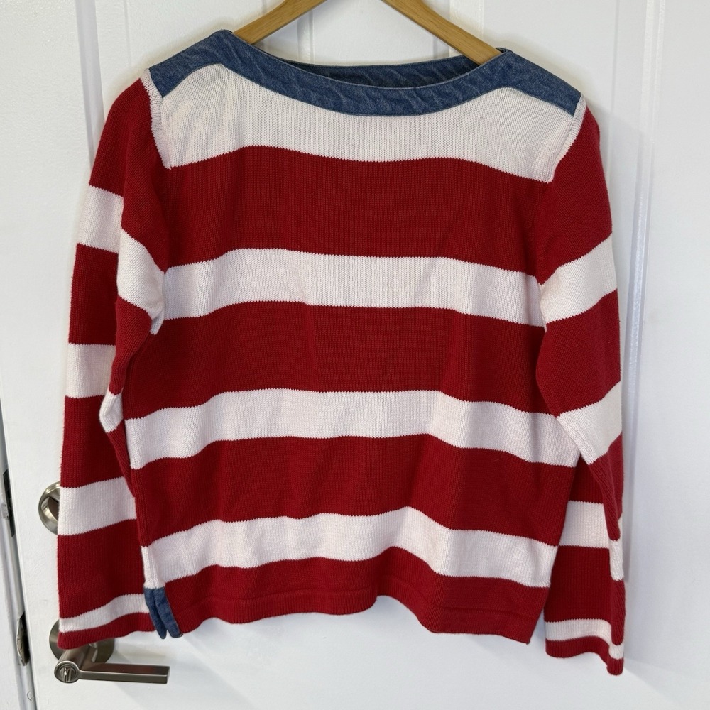 VTG Y2K Liz Claiborne Crazy Horse Red White Stripe Sweater Denim Trim Women Sz L